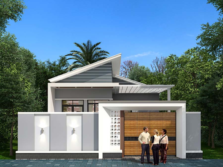 Mẫu nhà chữ L 1 tầng 4 phòng ngủ mái lệch