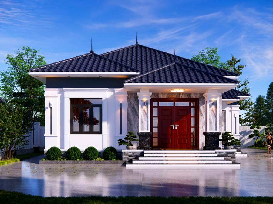 Mẫu nhà chữ L 1 tầng 4 phòng ngủ ở nông thôn