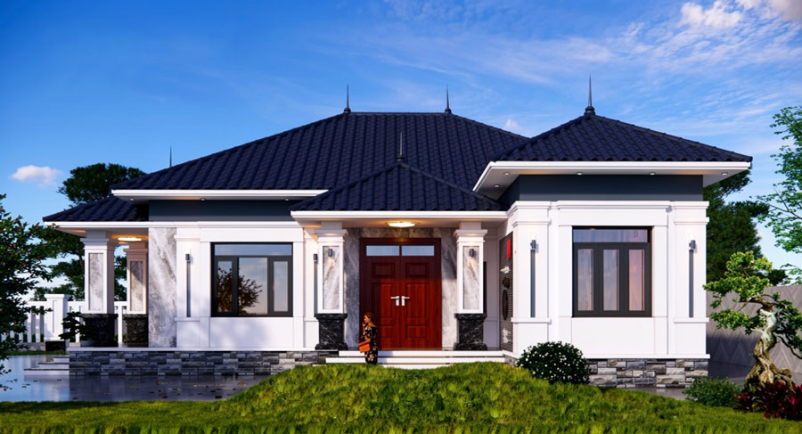 Mẫu nhà chữ L 1 tầng 4 phòng ngủ ở nông thôn