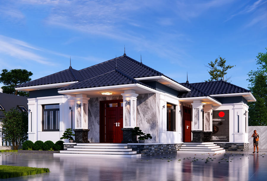 Mẫu nhà chữ L 1 tầng 4 phòng ngủ ở nông thôn