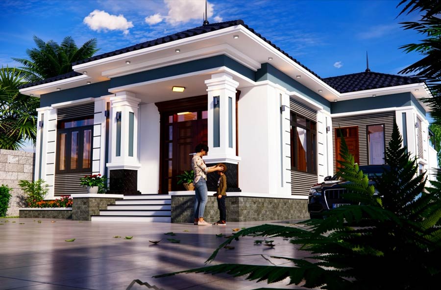 Mẫu nhà chữ L 1 tầng 4 phòng ngủ ở nông thôn