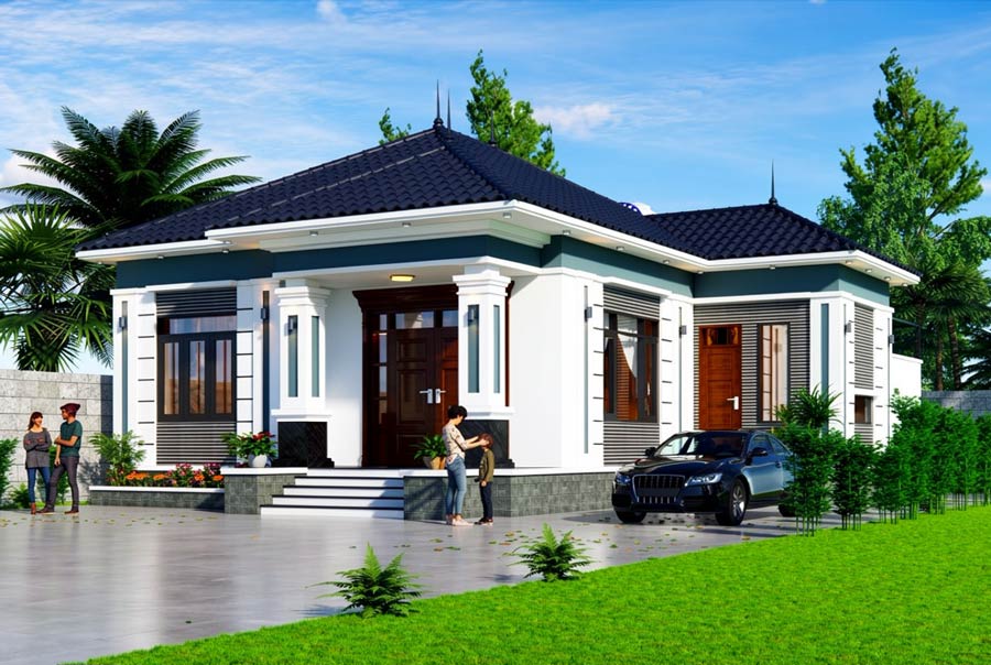 Mẫu nhà chữ L 1 tầng 4 phòng ngủ ở nông thôn