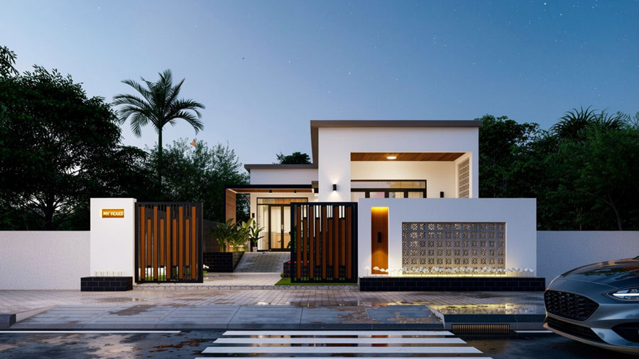 Mẫu nhà chữ L 1 tầng mái bằng 3 phòng ngủ