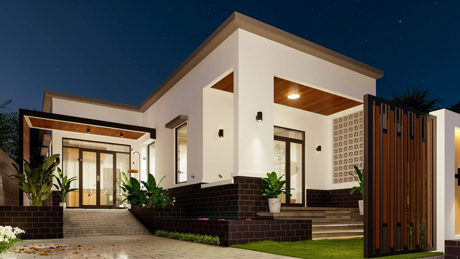 Mẫu nhà chữ L 1 tầng mái bằng 3 phòng ngủ