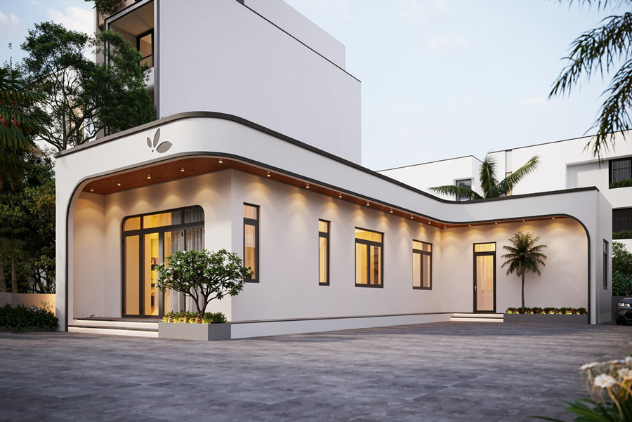 Mẫu nhà chữ L 1 tầng mái bằng 3 phòng ngủ