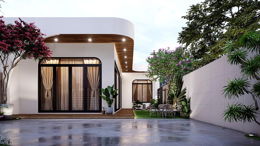 Mẫu nhà chữ L 1 tầng mái bằng 4 phòng ngủ