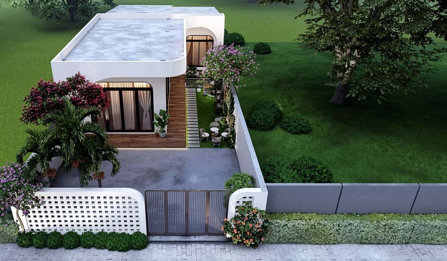 Mẫu nhà chữ L 1 tầng mái bằng 4 phòng ngủ