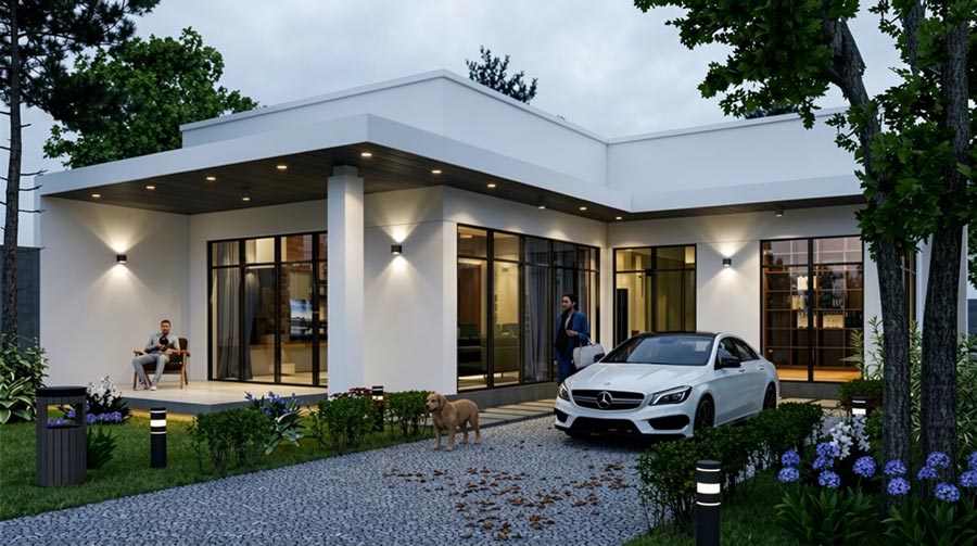 Mẫu nhà chữ L 1 tầng mái bằng có gara ô tô