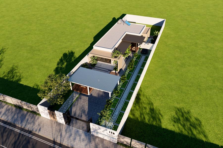 Mẫu nhà chữ L 1 tầng mái bằng có sân vườn