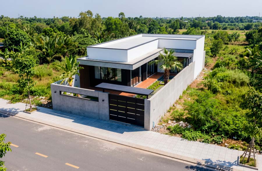 Mẫu nhà chữ L 1 tầng mái bằng có sân vườn