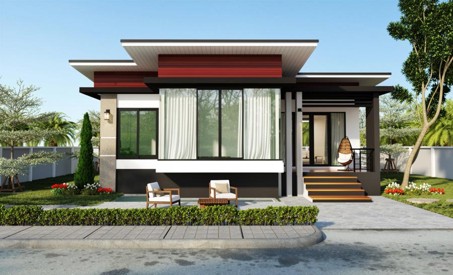 Mẫu nhà chữ L 1 tầng mái bằng hiện đại