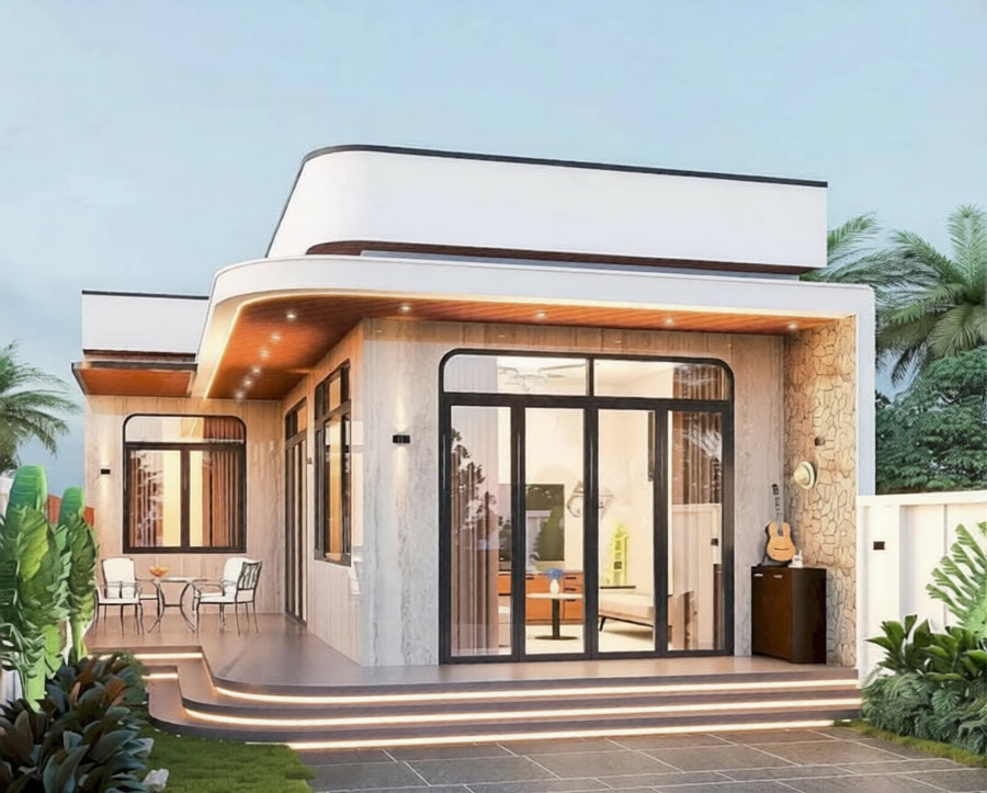 Mẫu nhà chữ L 1 tầng mái bằng thiết kế đơn giản
