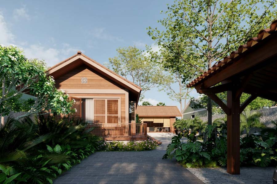 Mẫu nhà gỗ 1 tầng hiện đại có sân vườn