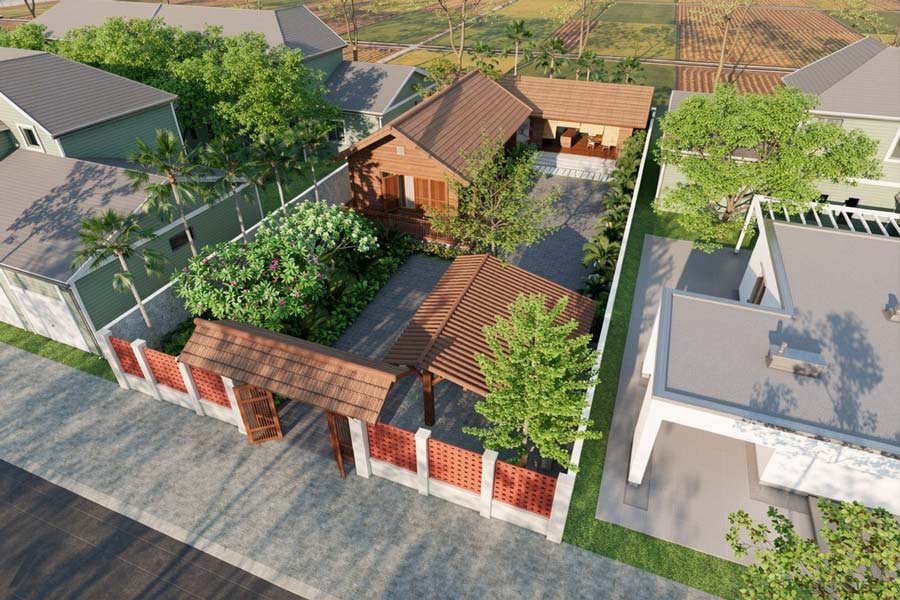 Mẫu nhà gỗ 1 tầng hiện đại có sân vườn