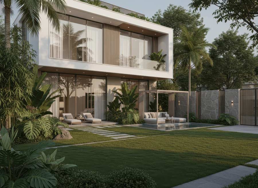 Thiết kế mẫu nhà kính 2 tầng đẹp có sân vườn