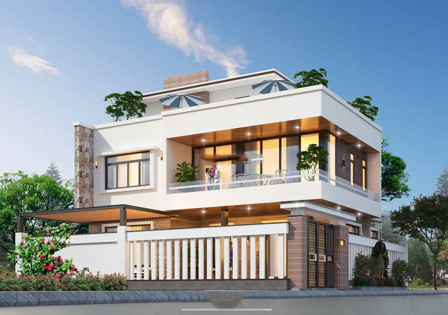 Thiết kế mẫu nhà kính 2 tầng đẹp mái bằng