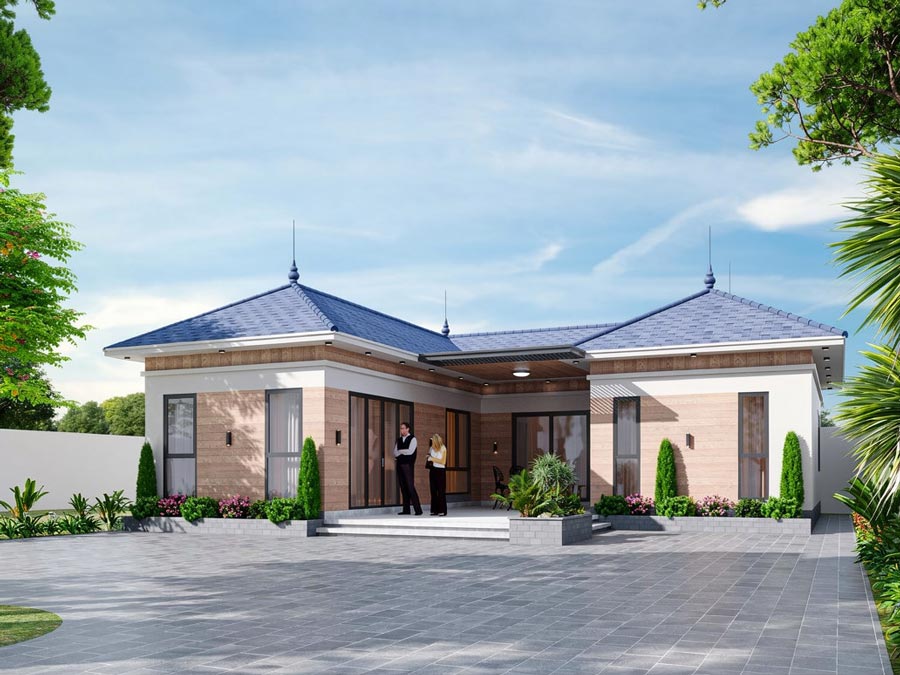 Thiết kế nhà mái Nhật 1 tầng 3 phòng ngủ 120m2