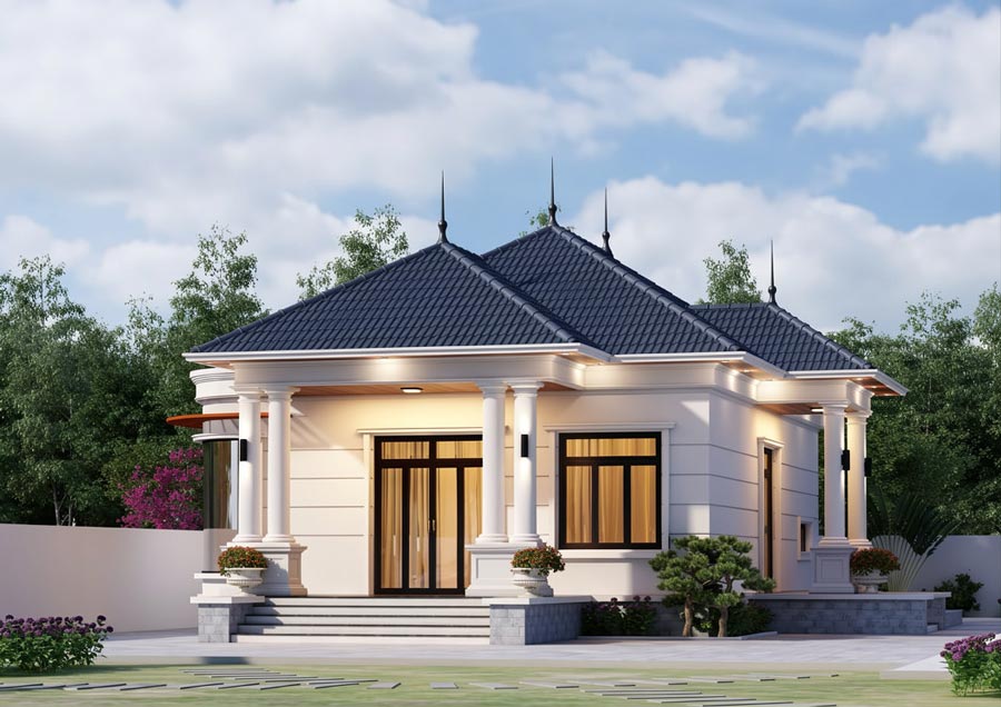Thiết kế nhà mái Nhật 1 tầng 3 phòng ngủ 120m2