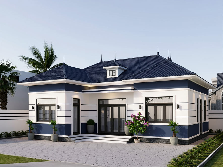 Thiết kế nhà chữ L 1 tầng mái Nhật 3 phòng ngủ