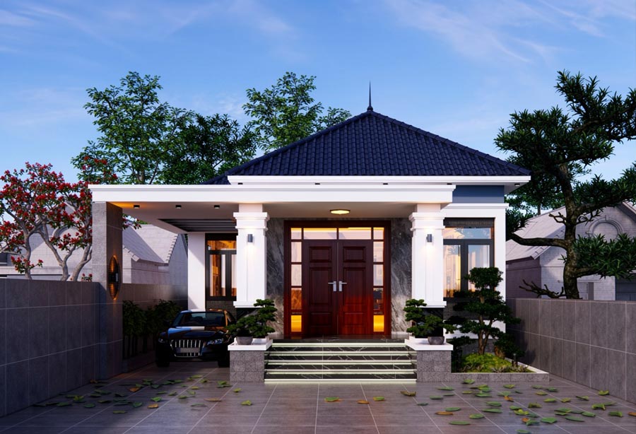 Mẫu nhà mái Nhật 1 tầng 3 phòng ngủ có gara