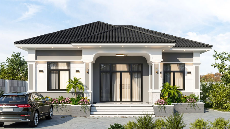 Mẫu nhà mái Nhật 1 tầng 3 phòng ngủ có gara