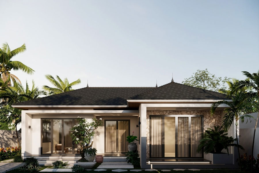 Thiết kế nhà mái Nhật 1 tầng 3 phòng ngủ hiện đại