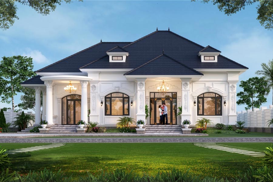 Thiết kế nhà mái Nhật 1 tầng 4 phòng ngủ 1 phòng thờ