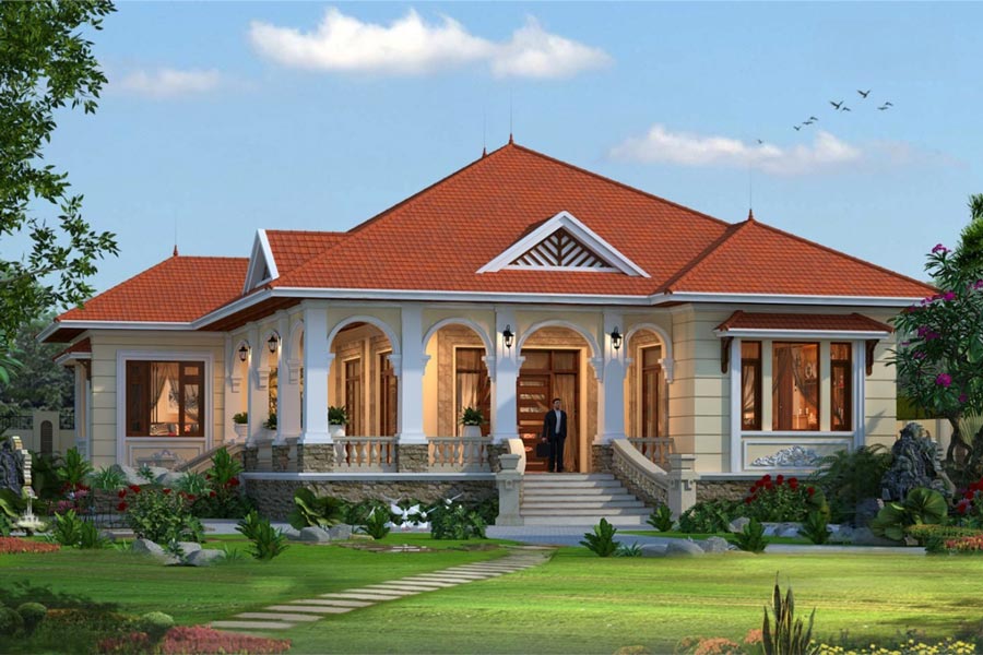 Thiết kế nhà mái Nhật 1 tầng 4 phòng ngủ 1 phòng thờ