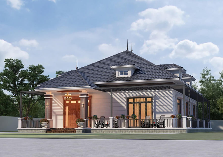 Thiết kế nhà mái Nhật 1 tầng 4 phòng ngủ diện tích 200m2