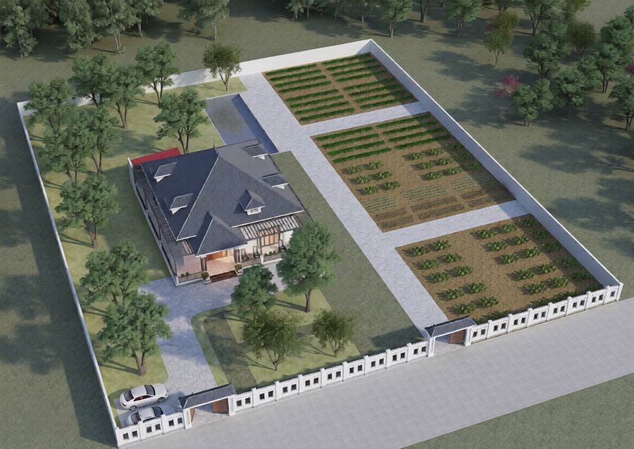 Thiết kế nhà mái Nhật 1 tầng 4 phòng ngủ diện tích 200m2