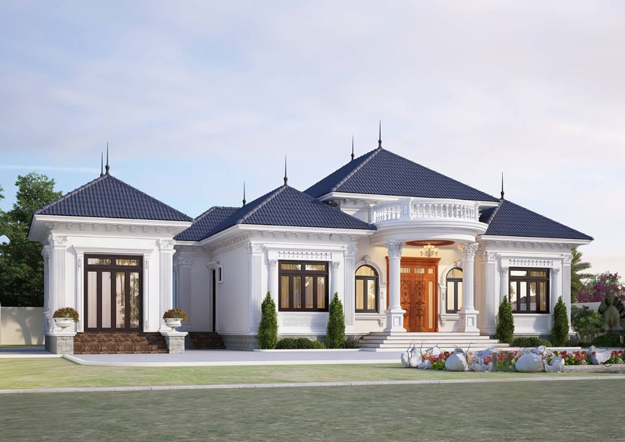 Thiết kế nhà mái Nhật 1 tầng 4 phòng ngủ diện tích 200m2
