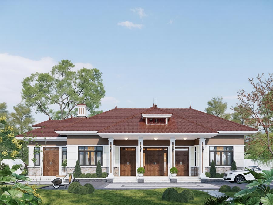 Thiết kế nhà mái Nhật 1 tầng 4 phòng ngủ diện tích 200m2