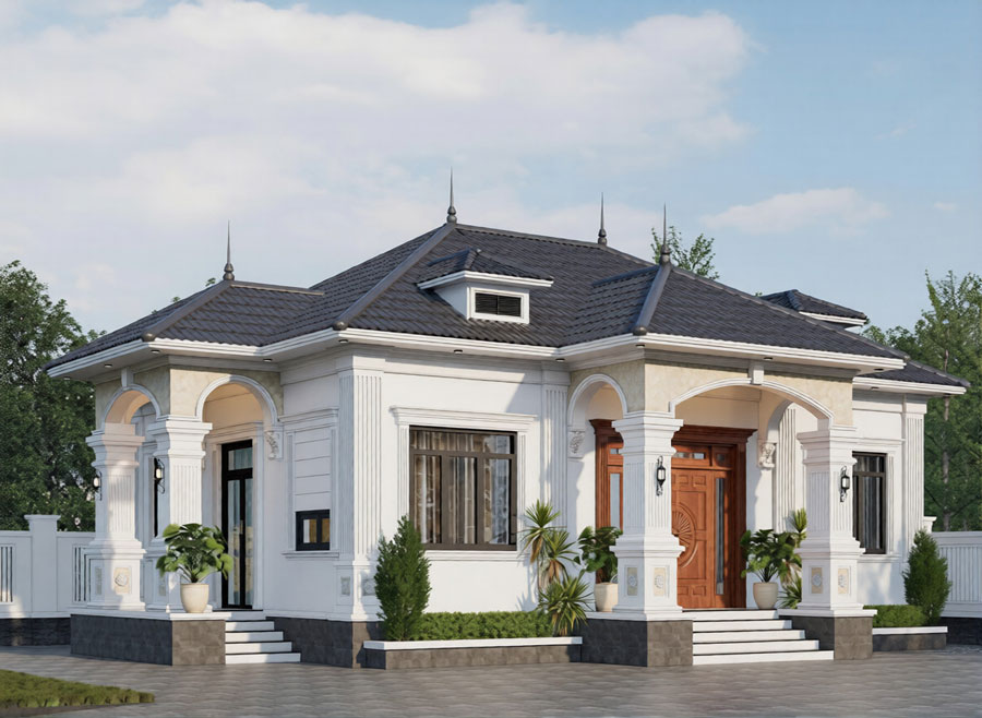 Mẫu nhà mái Nhật 1 tầng 4 phòng ngủ tân cổ điển