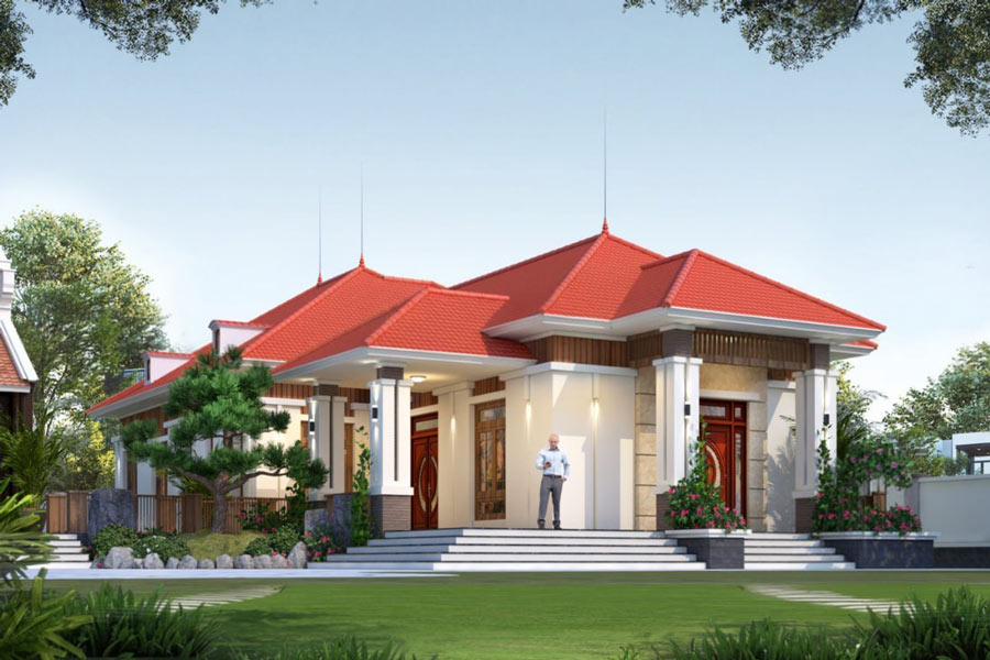 Mẫu nhà mái Nhật 1 tầng 4 phòng ngủ chữ L