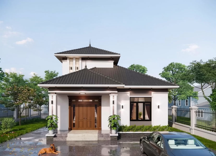 Thiết kế nhà mái Nhật 1 tầng 3 phòng ngủ có gác lửng