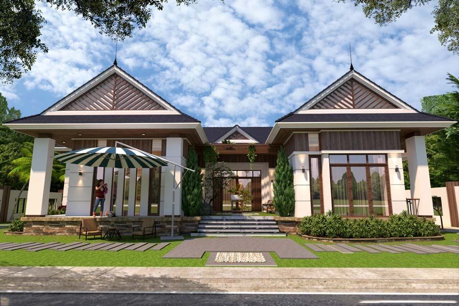 Mẫu nhà mái Thái 1 tầng 4 phòng ngủ 1 phòng thờ