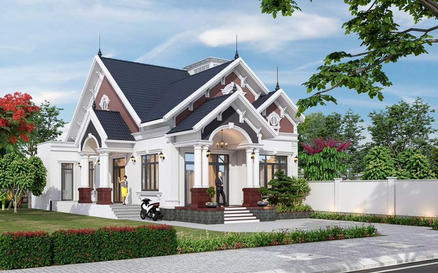 Thiết kế nhà mái Thái 1 tầng 4 phòng ngủ 120m2