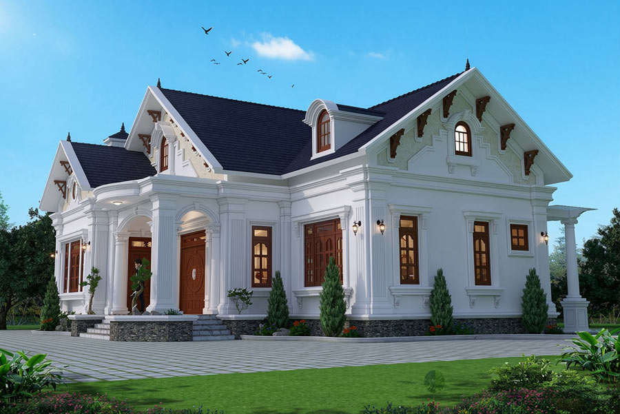Mẫu nhà mái Thái 1 tầng 4 phòng ngủ 180m2