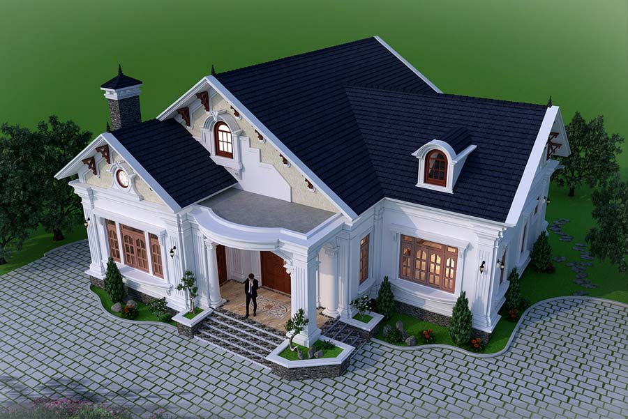 Mẫu nhà mái Thái 1 tầng 4 phòng ngủ 180m2