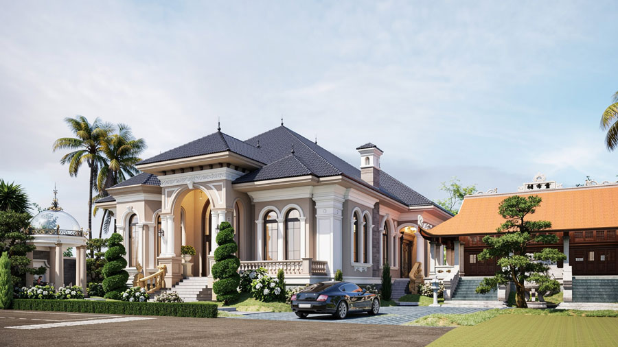 Nhà mái Thái 1 tầng 4 phòng ngủ phong cách Địa Trung Hải