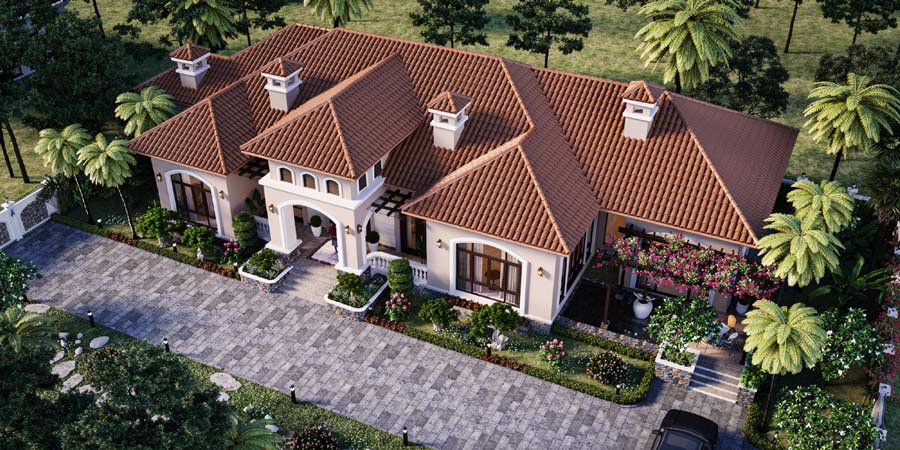 Nhà mái Thái 1 tầng 4 phòng ngủ phong cách Địa Trung Hải