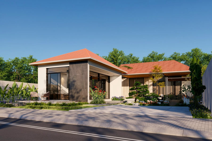 Thiết kế nhà mái Thái 1 tầng 4 phòng ngủ chữ L