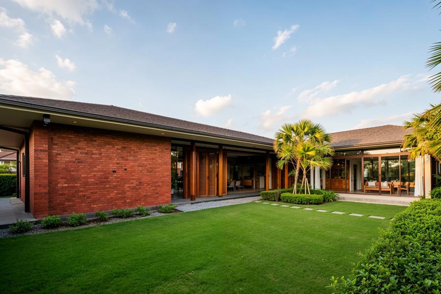 Thiết kế nhà mái Thái 1 tầng 4 phòng ngủ chữ L