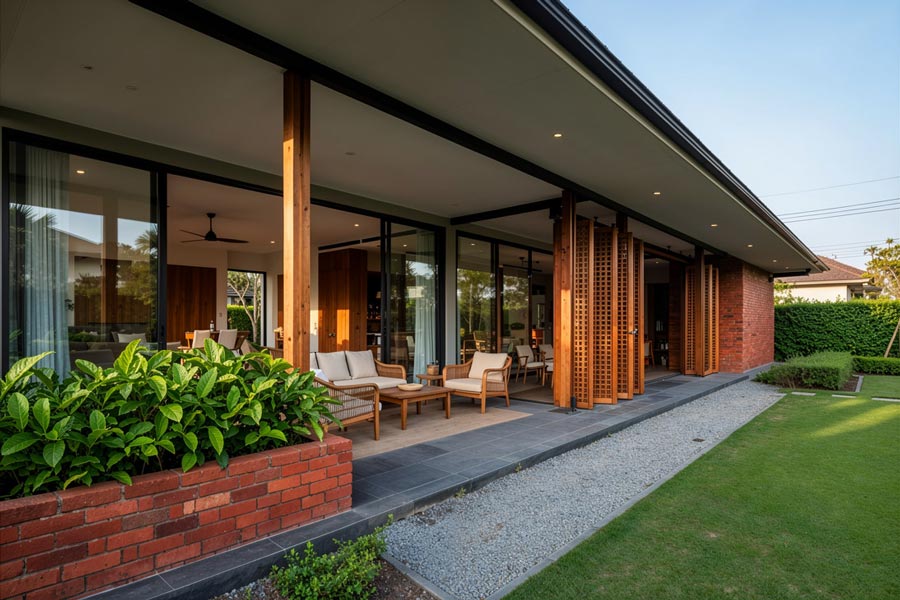 Thiết kế nhà mái Thái 1 tầng 4 phòng ngủ chữ L