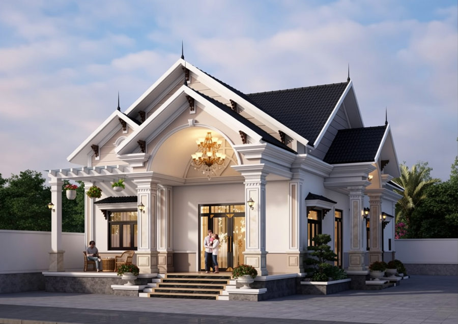 Mẫu nhà mái Thái 1 tầng 4 phòng ngủ có gara