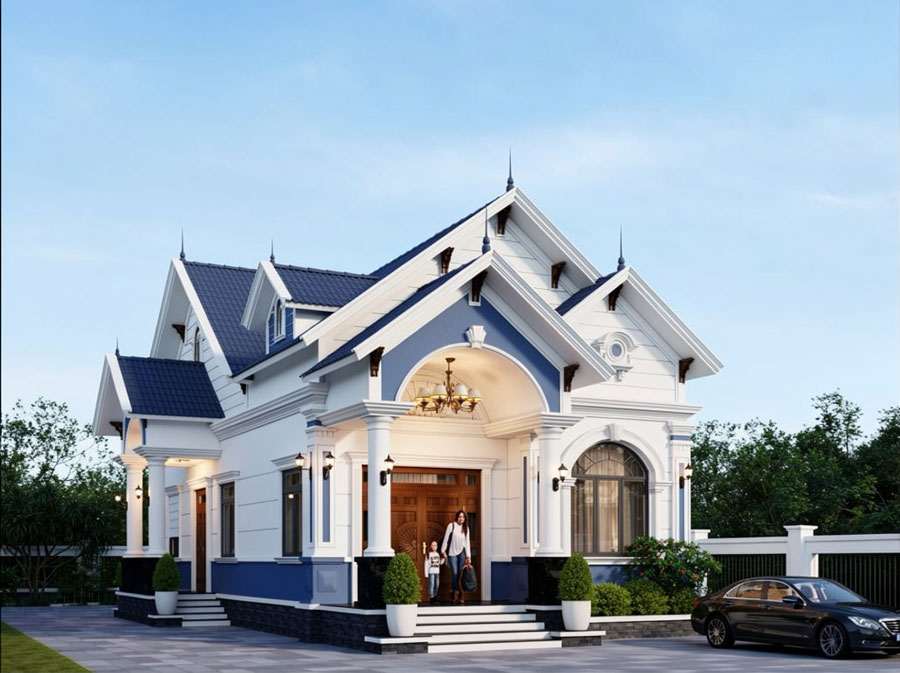Mẫu nhà mái Thái 1 tầng 4 phòng ngủ có gara
