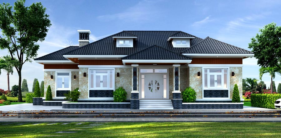 Mẫu nhà mái Thái 1 tầng 5 phòng ngủ 200m2