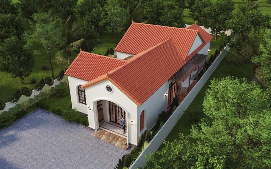 Thiết kế nhà mái Thái 1 tầng 5 phòng ngủ Địa Trung Hải