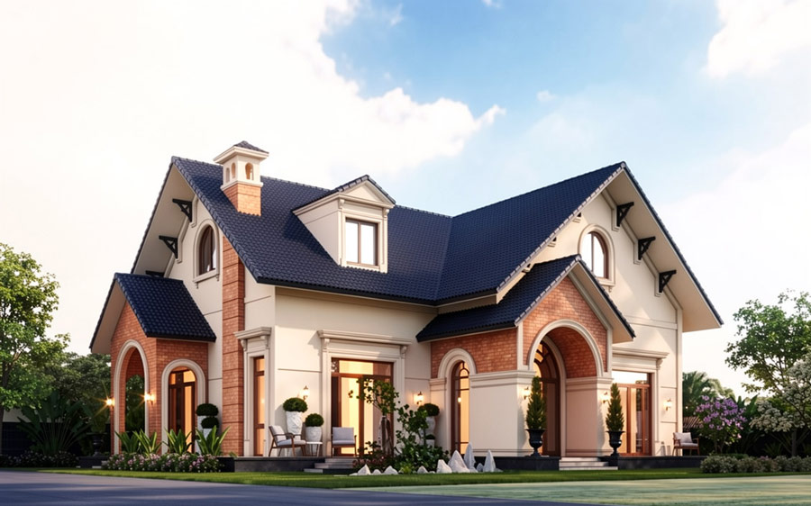 Mẫu nhà mái Thái 1 tầng 5 phòng ngủ phong cách châu Âu