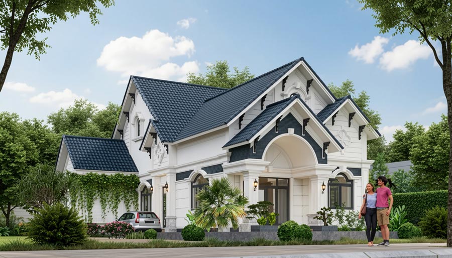 Thiết kế nhà mái Thái 1 tầng 5 phòng ngủ có gara